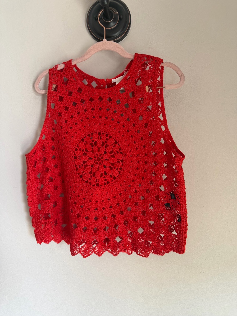 NWT H&M Red Crochet Lace Tank Top Mandala Sunburst Open Knit Button Back Size